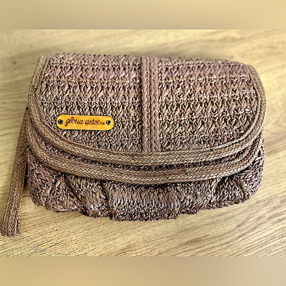 SARNE GLORIA ASTOR Vintage Women’s Brown Woven Straw Wristlet Clutch Bag